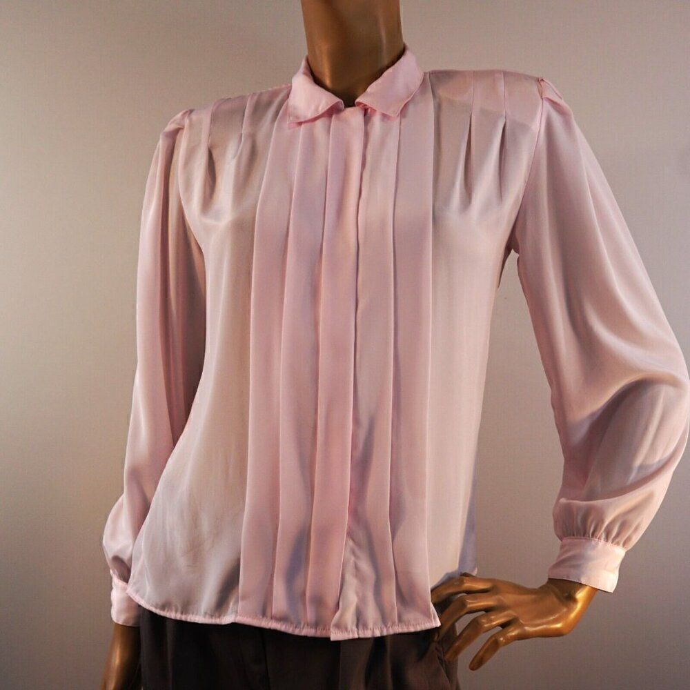 Marlis Vintage Blouse Sz 8 Pleated Front Long Sleeve Blush Pink Shoulder Pads